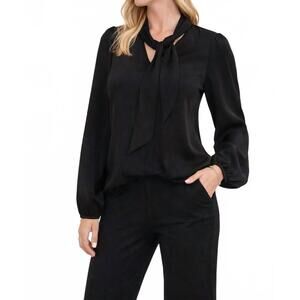 NEW KLD. SIGNATURE tie bubble hem blouse in black